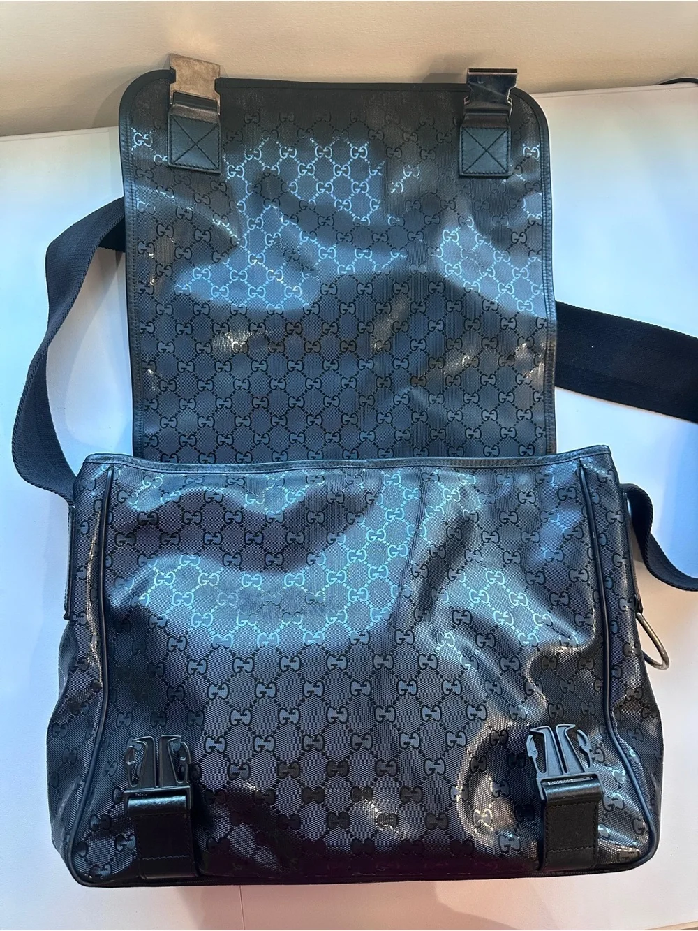 Authentic Gucci Imprime Black GG Monogram Diaper Bag/Messenger Satchel
